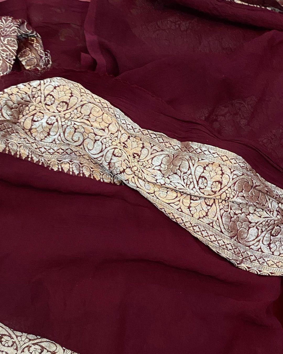 Onion Pure Banarasi Khaddi Georgette Saree - Aura Benaras