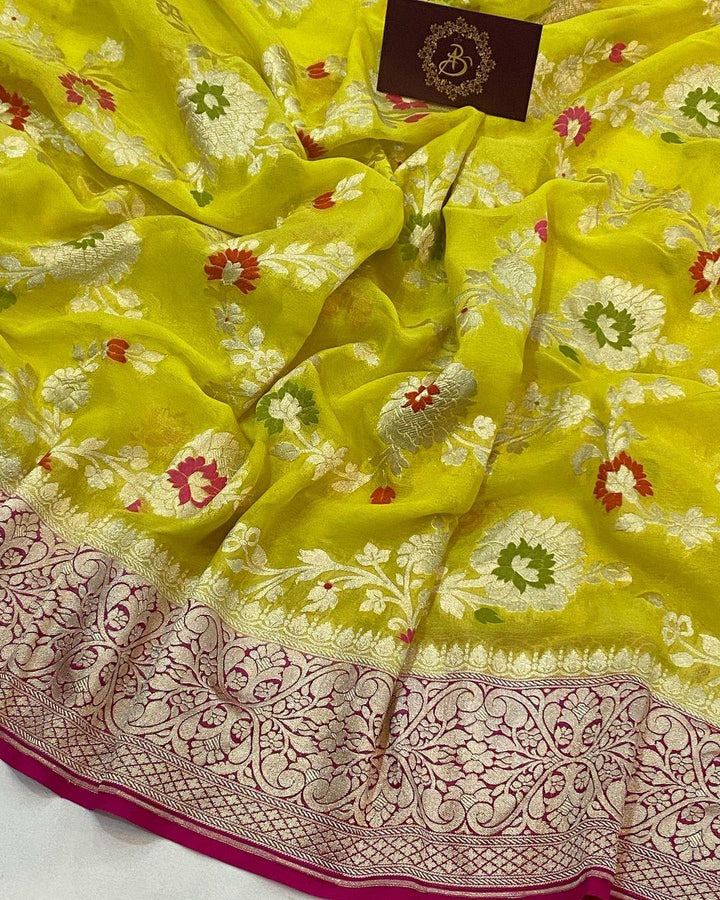 Yellow Banarasi Khaddi Georgette Saree - Aura Benaras