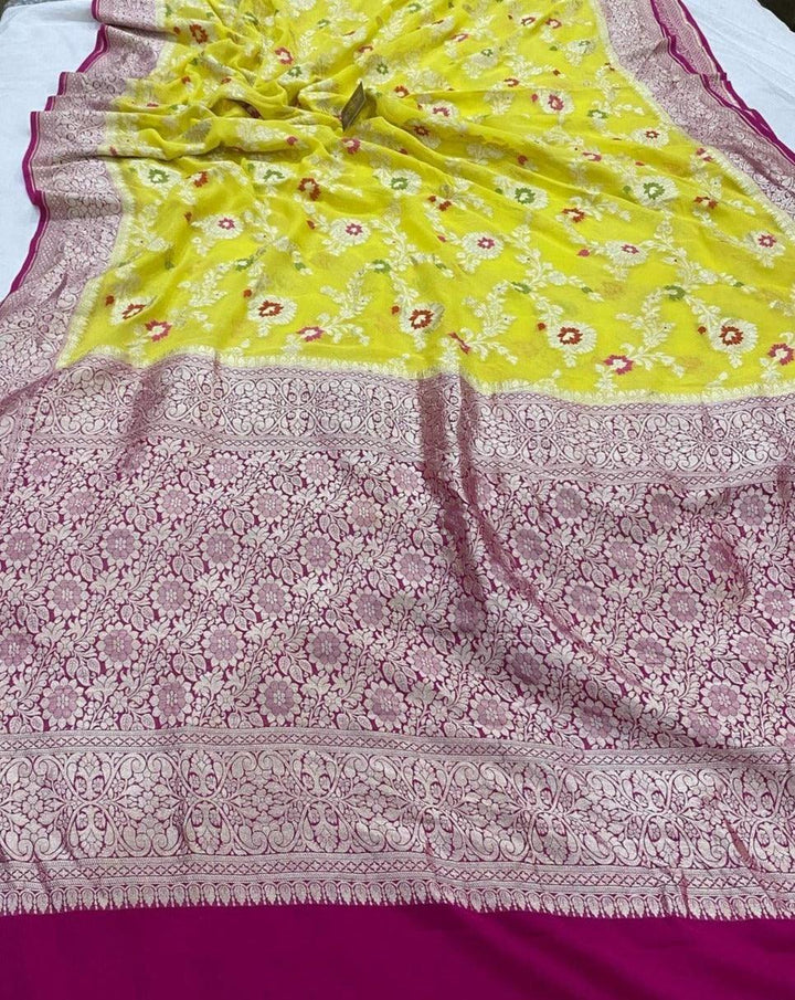 Yellow Banarasi Khaddi Georgette Saree - Aura Benaras