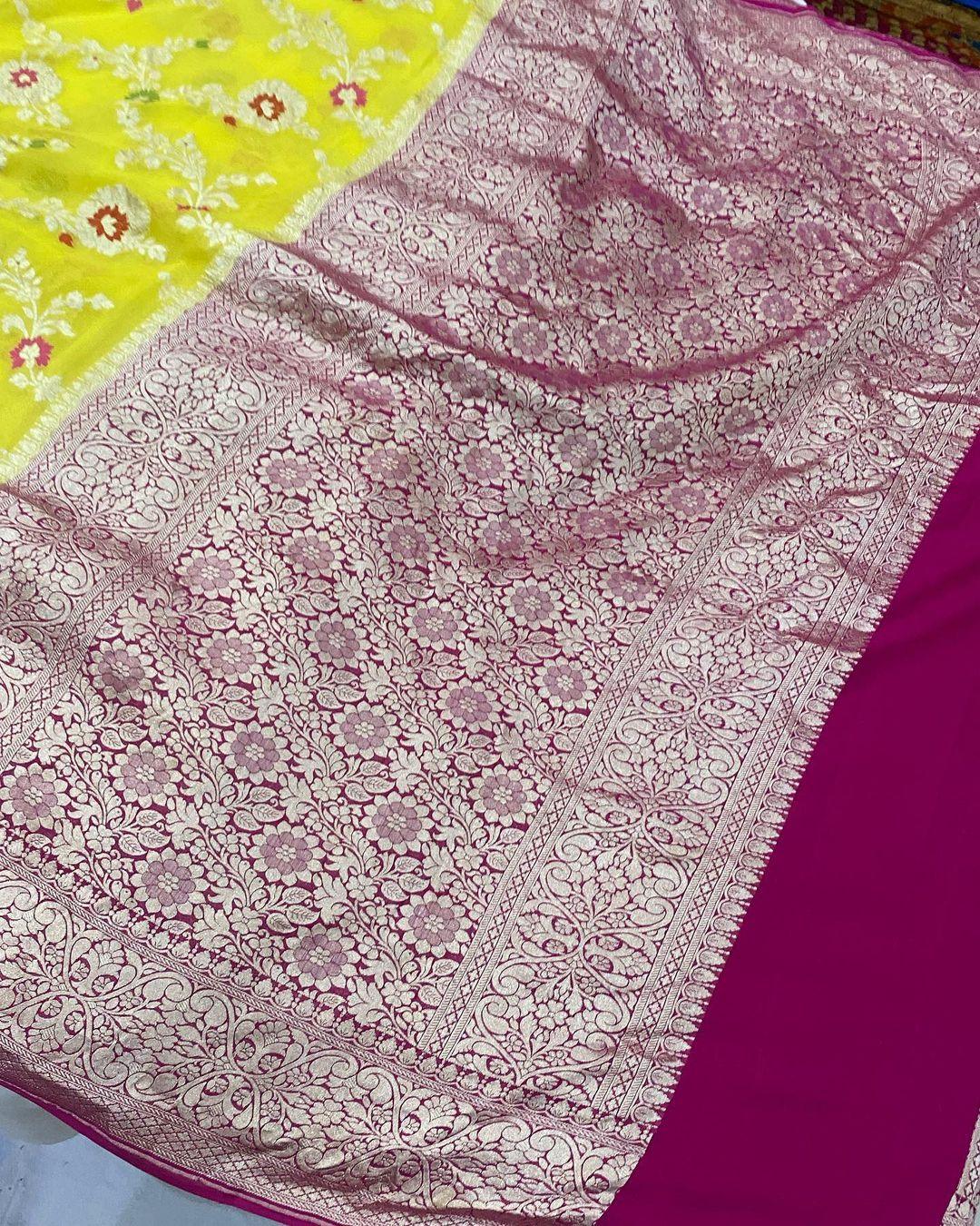 Yellow Banarasi Khaddi Georgette Saree - Aura Benaras