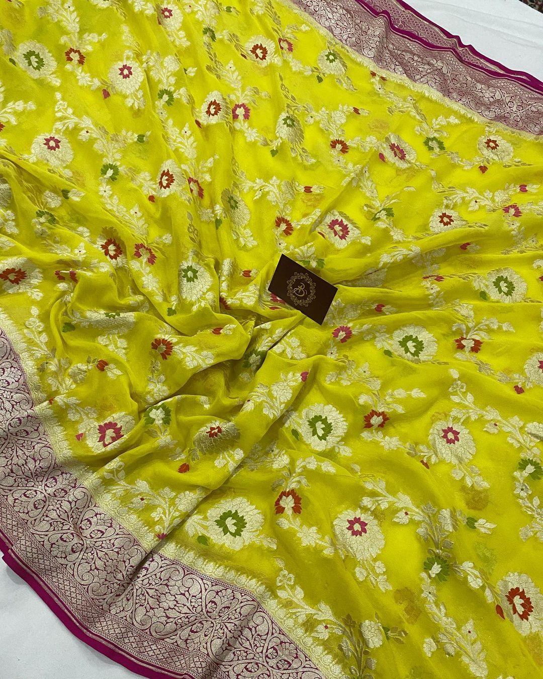 Yellow Banarasi Khaddi Georgette Saree - Aura Benaras