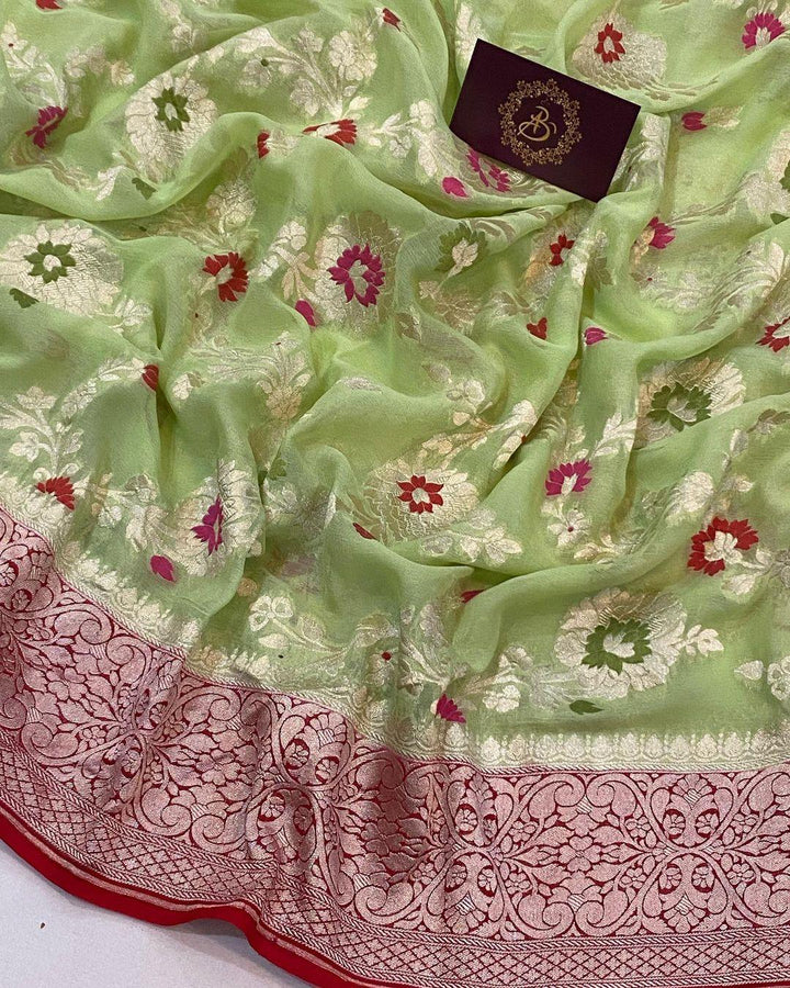 Pista Green Banarasi Khaddi Georgette Saree - Aura Benaras