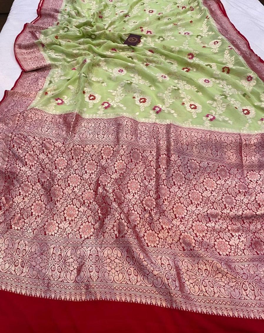 Pista Green Banarasi Khaddi Georgette Saree - Aura Benaras