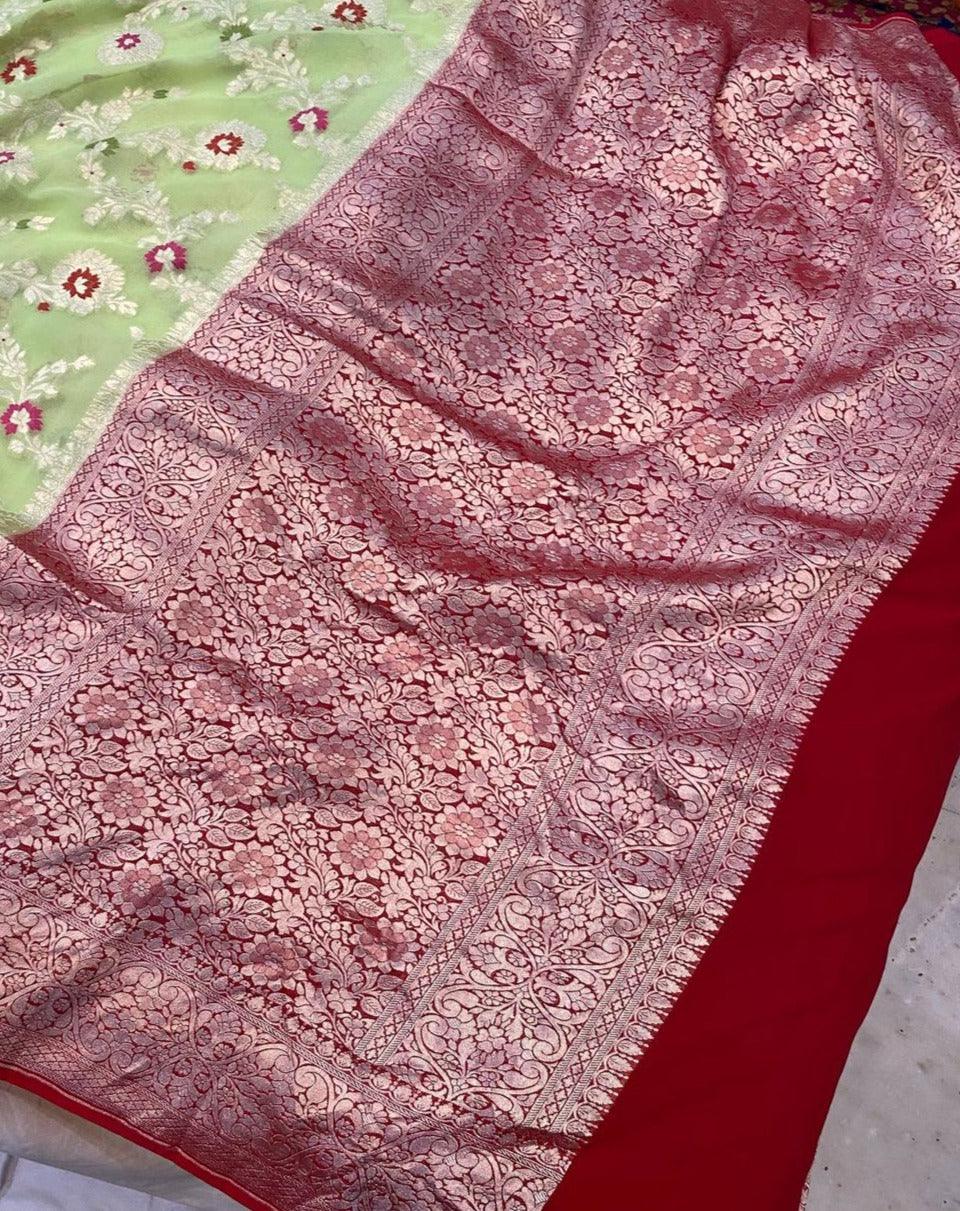 Pista Green Banarasi Khaddi Georgette Saree - Aura Benaras