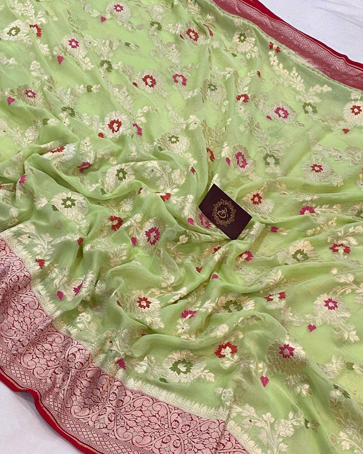 Pista Green Banarasi Khaddi Georgette Saree - Aura Benaras