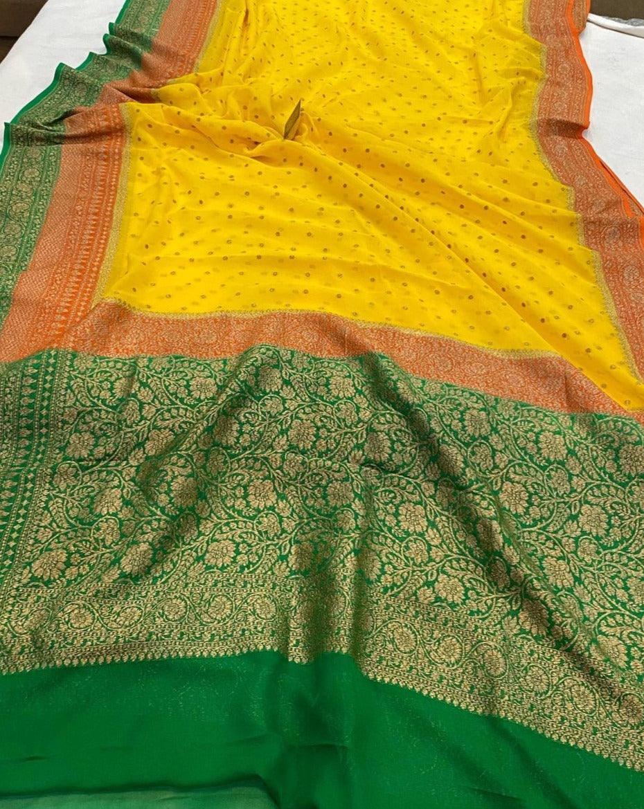 Yellow Pure Banarasi Khaddi Georgette Saree - Aura Benaras