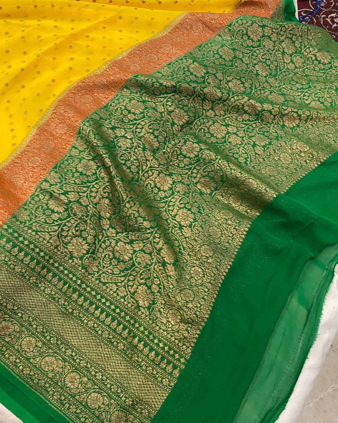 Yellow Pure Banarasi Khaddi Georgette Saree - Aura Benaras