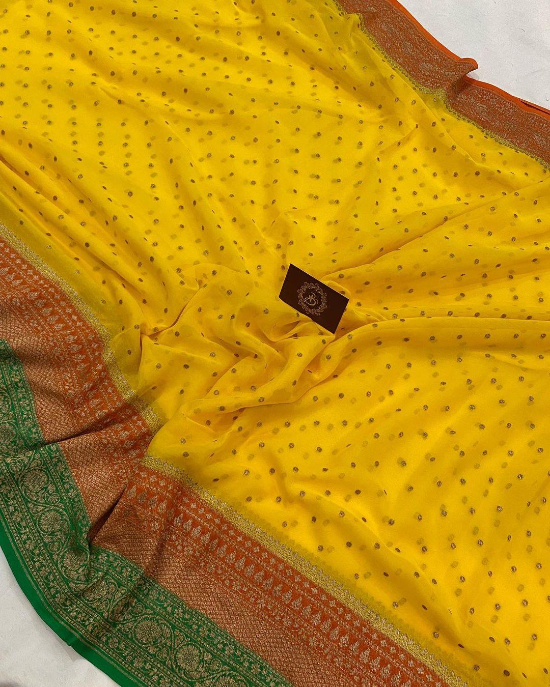 Yellow Pure Banarasi Khaddi Georgette Saree - Aura Benaras