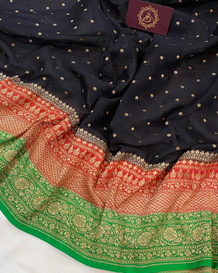 Black Pure Banarasi Khaddi Georgette Saree - Aura Benaras