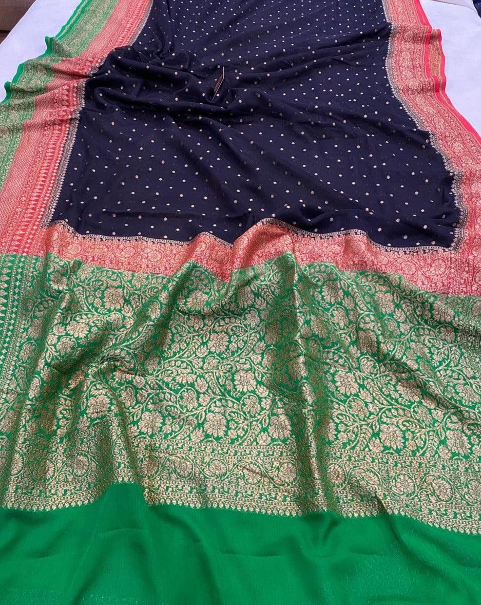 Black Pure Banarasi Khaddi Georgette Saree - Aura Benaras