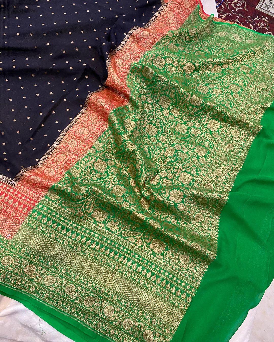 Black Pure Banarasi Khaddi Georgette Saree - Aura Benaras