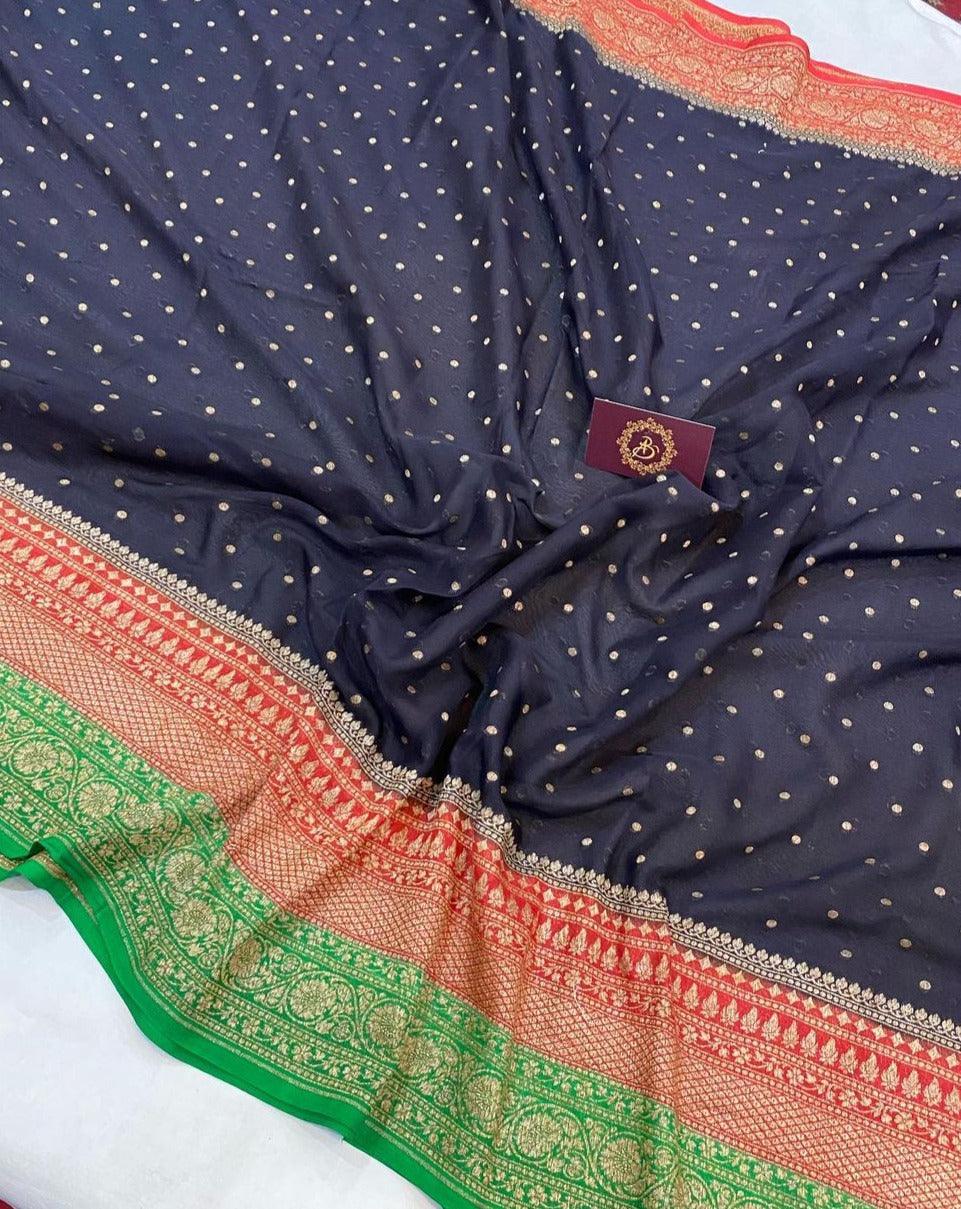 Black Pure Banarasi Khaddi Georgette Saree - Aura Benaras