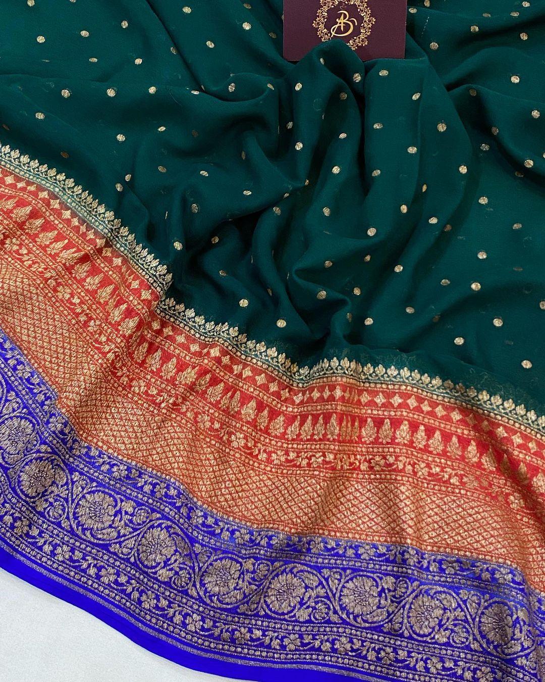 Bottle Green Pure Banarasi Khaddi Georgette Saree - Aura Benaras