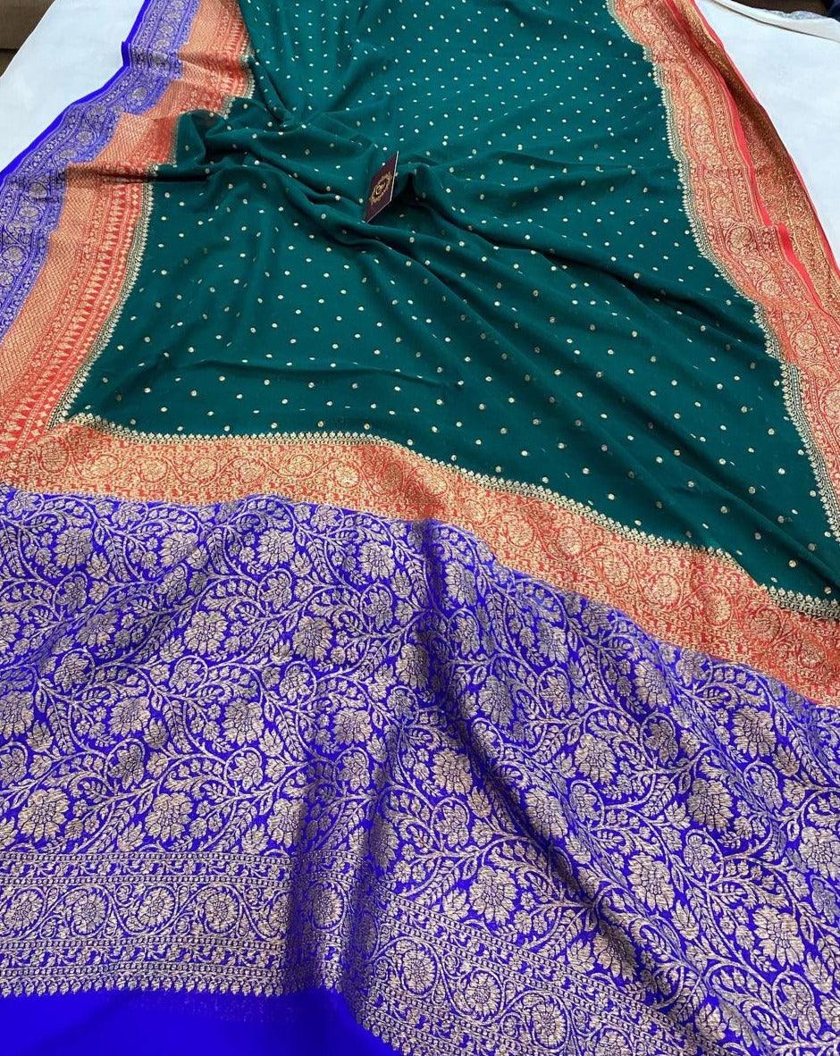 Bottle Green Pure Banarasi Khaddi Georgette Saree - Aura Benaras