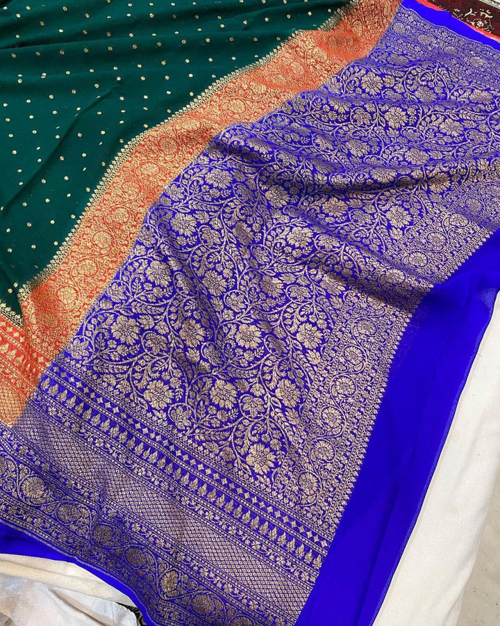 Bottle Green Pure Banarasi Khaddi Georgette Saree - Aura Benaras