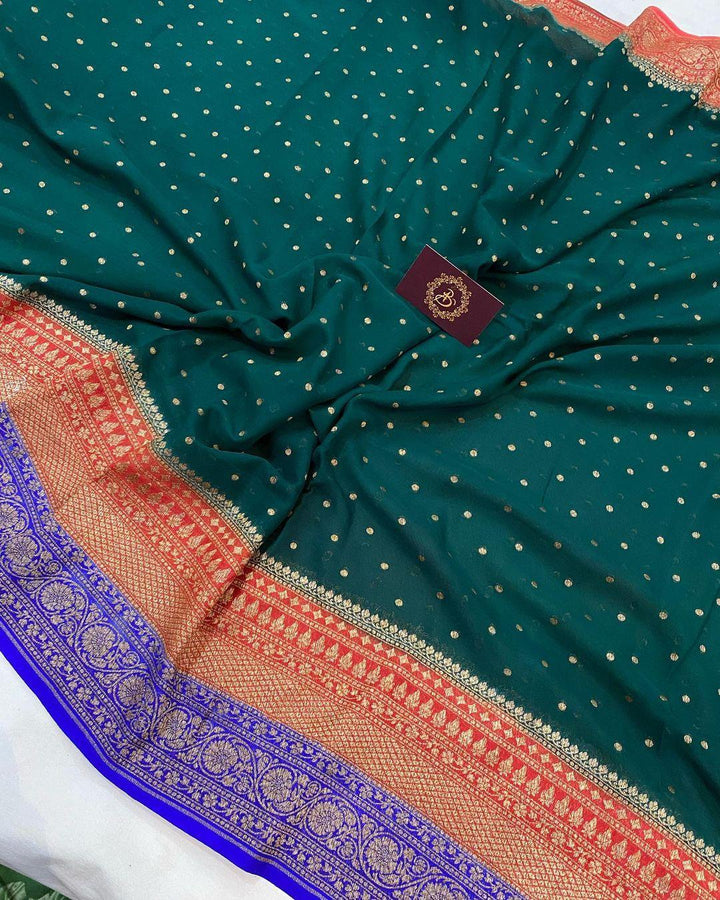 Bottle Green Pure Banarasi Khaddi Georgette Saree - Aura Benaras