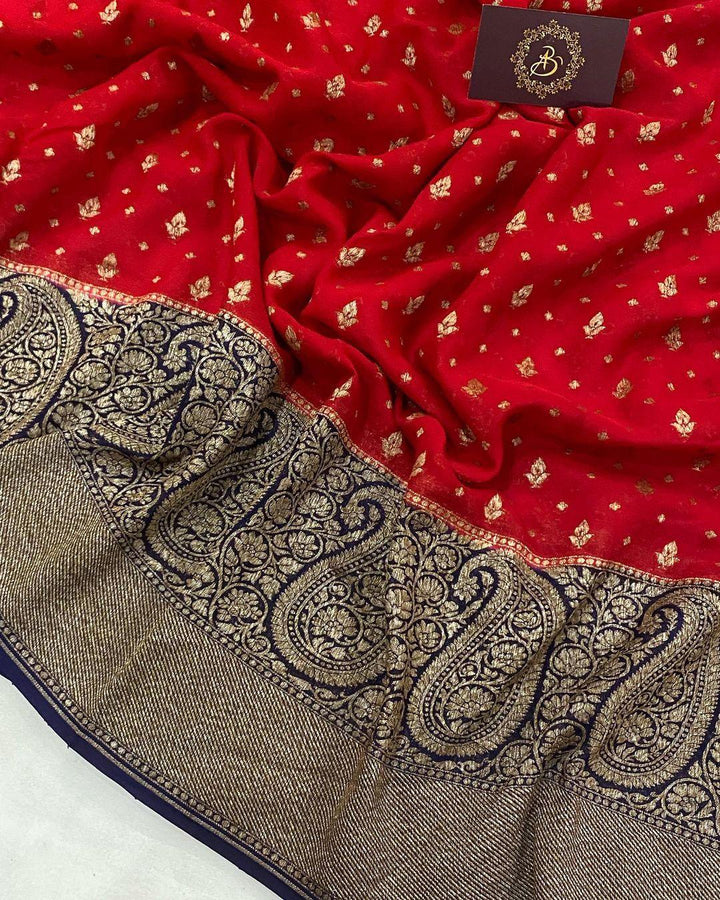 Red Pure Banarasi Khaddi Georgette Saree - Aura Benaras