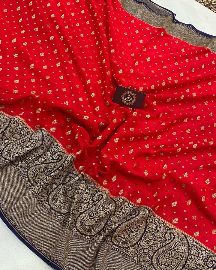 Red Pure Banarasi Khaddi Georgette Saree - Aura Benaras