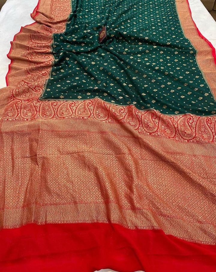 Bottle Green Pure Banarasi Khaddi Georgette Saree - Aura Benaras