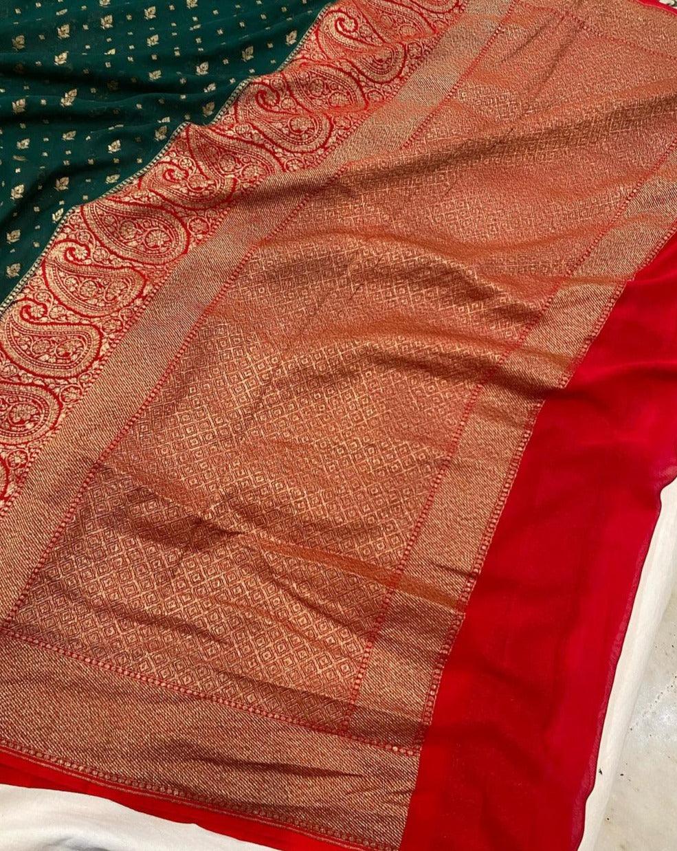 Bottle Green Pure Banarasi Khaddi Georgette Saree - Aura Benaras