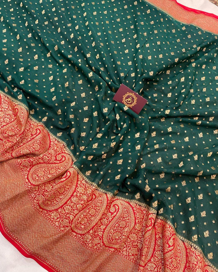Bottle Green Pure Banarasi Khaddi Georgette Saree - Aura Benaras