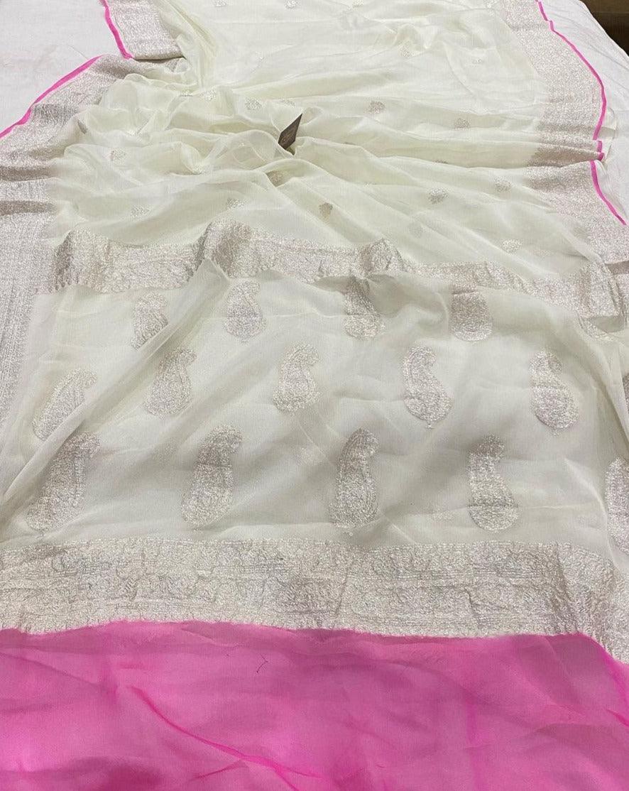 Off White Khaddi Chiffon Banarasi Handloom Saree - Aura Benaras