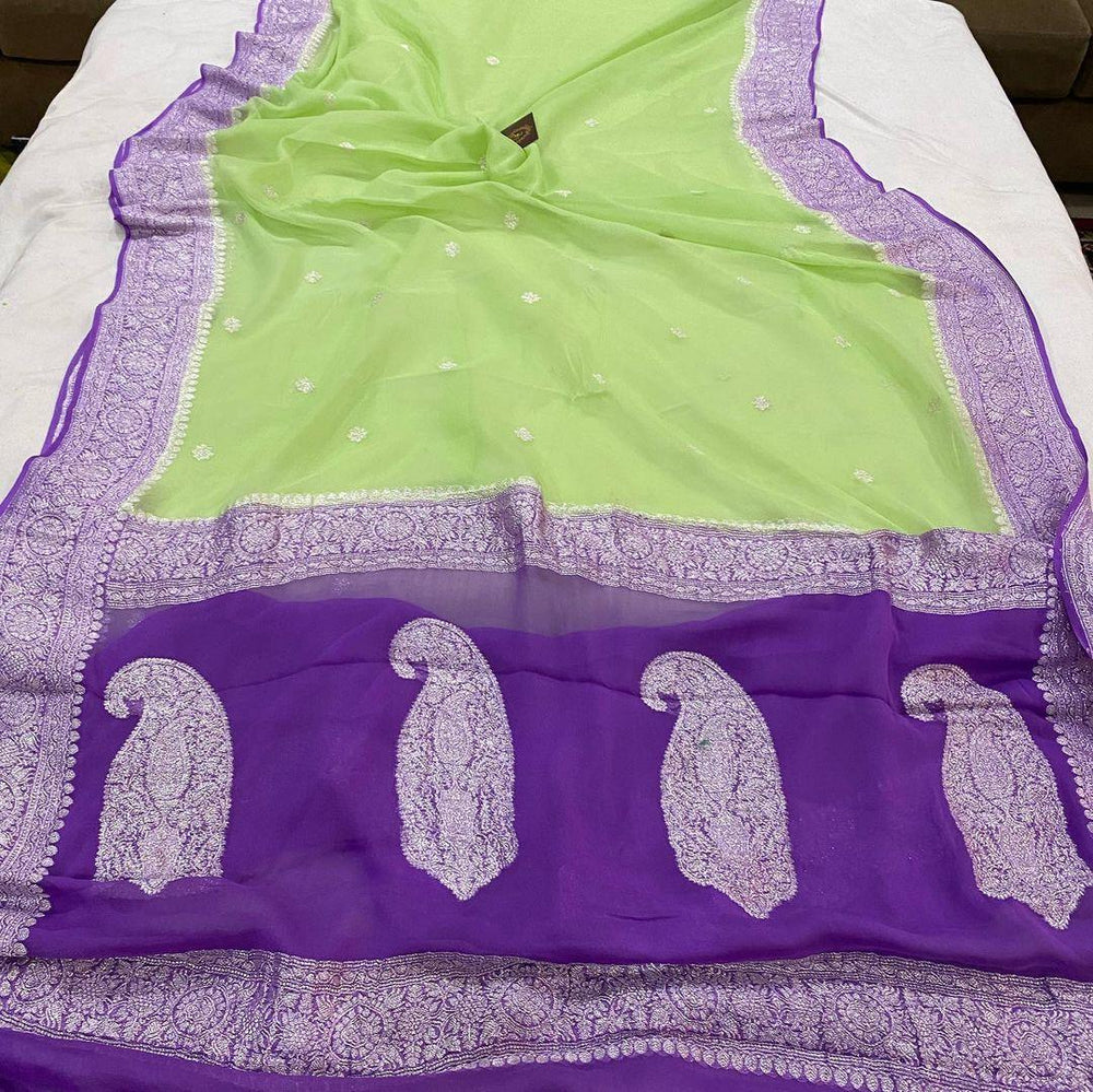 Pista green Khaddi Chiffon Banarasi Handloom Saree - Aura Benaras