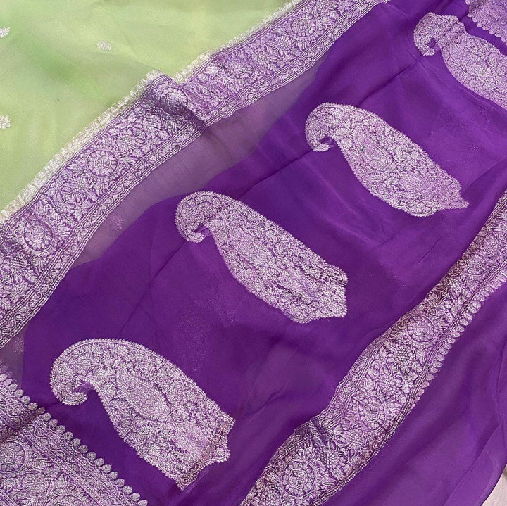 Pista green Khaddi Chiffon Banarasi Handloom Saree - Aura Benaras