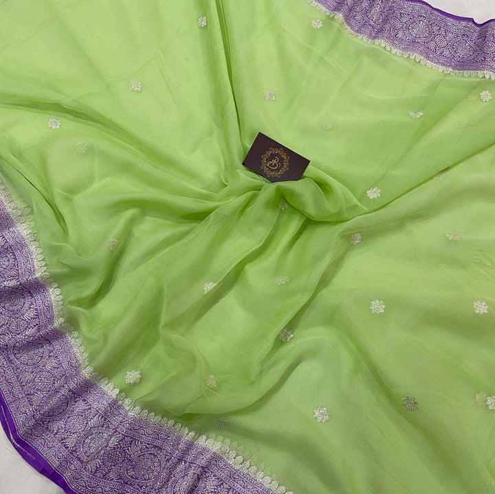 Pista green Khaddi Chiffon Banarasi Handloom Saree - Aura Benaras