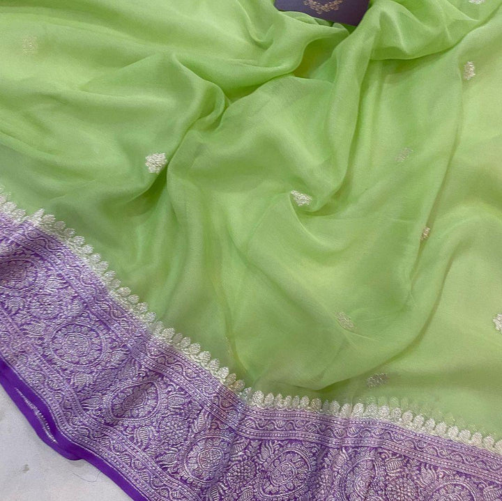 Pista green Khaddi Chiffon Banarasi Handloom Saree - Aura Benaras