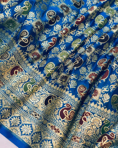 Blue Banarasi Handloom Satin Silk Saree - Aura Benaras