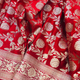 Red Banarasi Handloom Satin Silk Saree - Aura Benaras