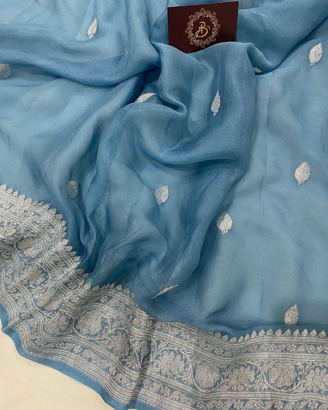 AirForce Blue Khaddi Chiffon Banarasi Handloom Saree - Aura Benaras