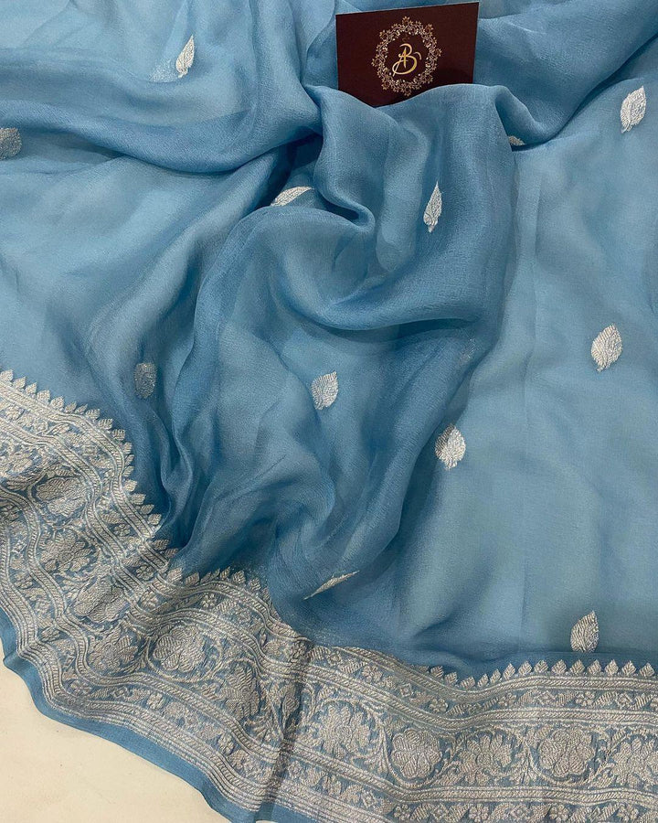 AirForce Blue Khaddi Chiffon Banarasi Handloom Saree - Aura Benaras