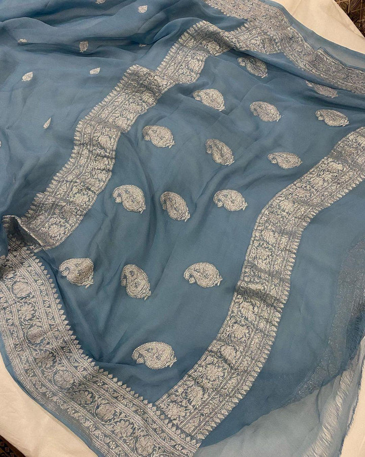 AirForce Blue Khaddi Chiffon Banarasi Handloom Saree - Aura Benaras