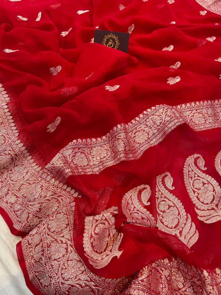 Red Khaddi Chiffon Banarasi Handloom Saree