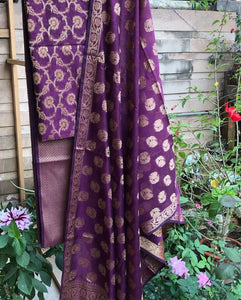 Deep Purple Cotton Silk Minakari Buti Jangla Banarasi Handloom Three Piece Suit Set