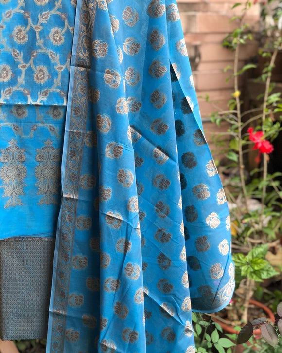 Sky Blue Cotton Silk Minakari Buti Jangla Banarasi Handloom Three Piece Suit Set