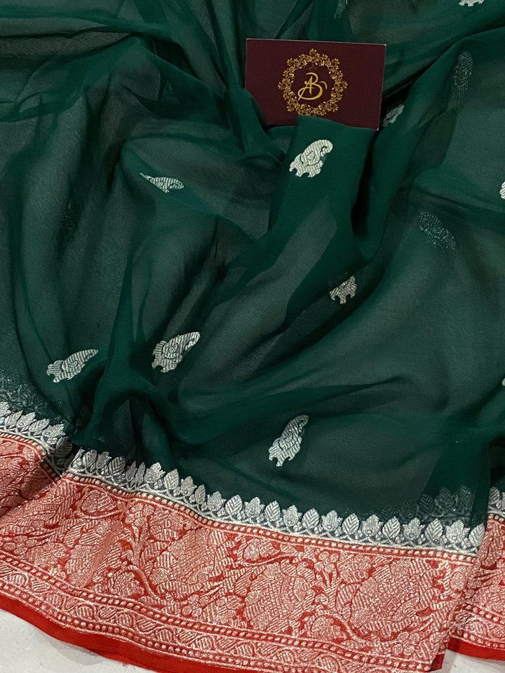 Bottle Green Banarasi Handloom Pure Georgette Silk Saree - Aura Benaras