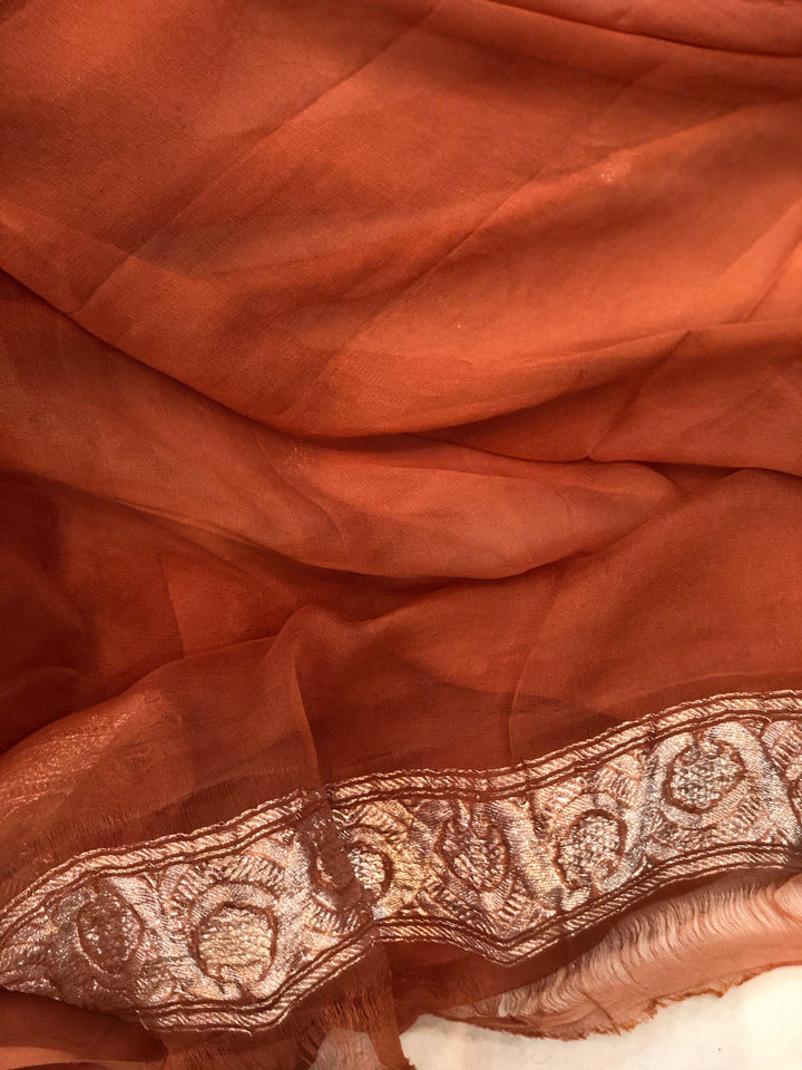 Earthy Orange Khaddi Chiffon Banarasi Handloom Saree - Aura Benaras