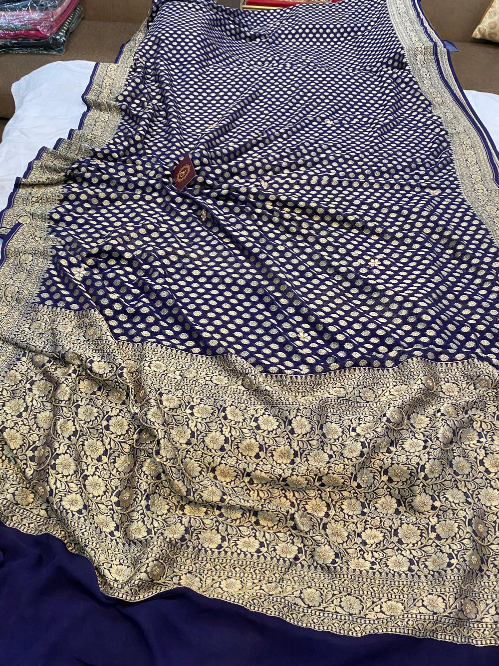 Navy Blue Zardozi Handloom Pure Georgette Silk Saree - Aura Benaras
