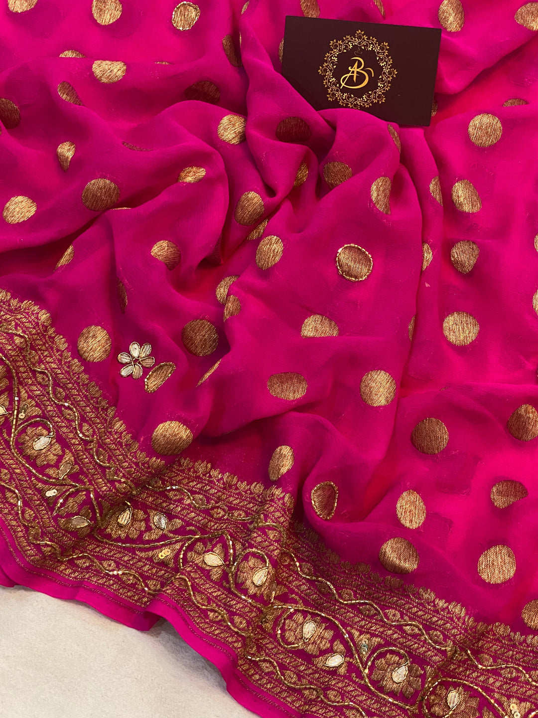 PINK BANARASI HANDLOOM PURE KHADDI GEORGETTE SILK SAREE WITH ZARDOZI WORK - Aura Benaras
