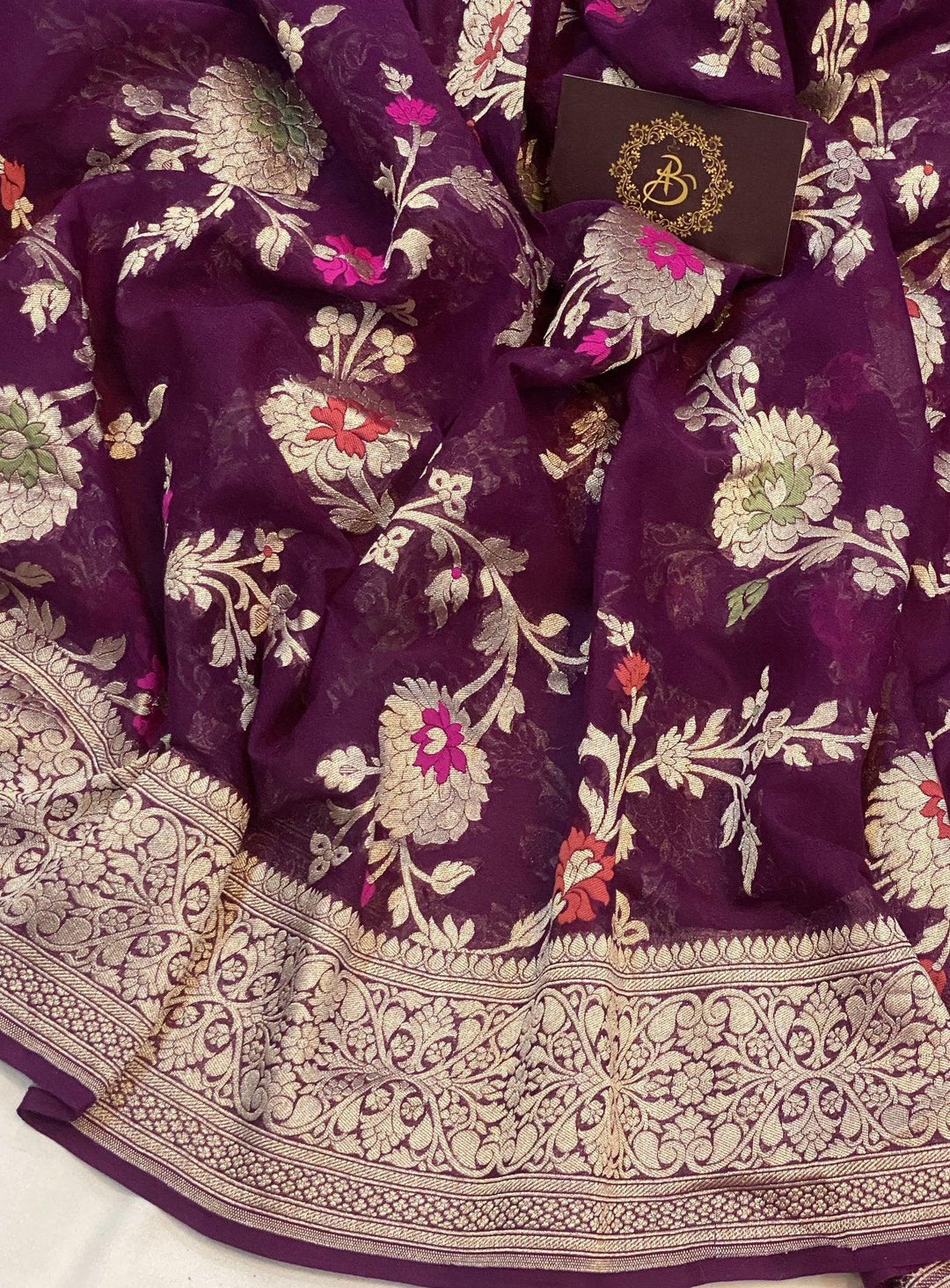 Wine Banarasi Khaddi Georgette Saree - Aura Benaras