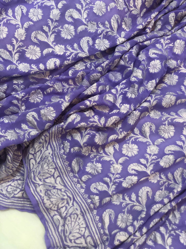 Lavender Khaddi Georgette Silk Banarasi Handloom Saree