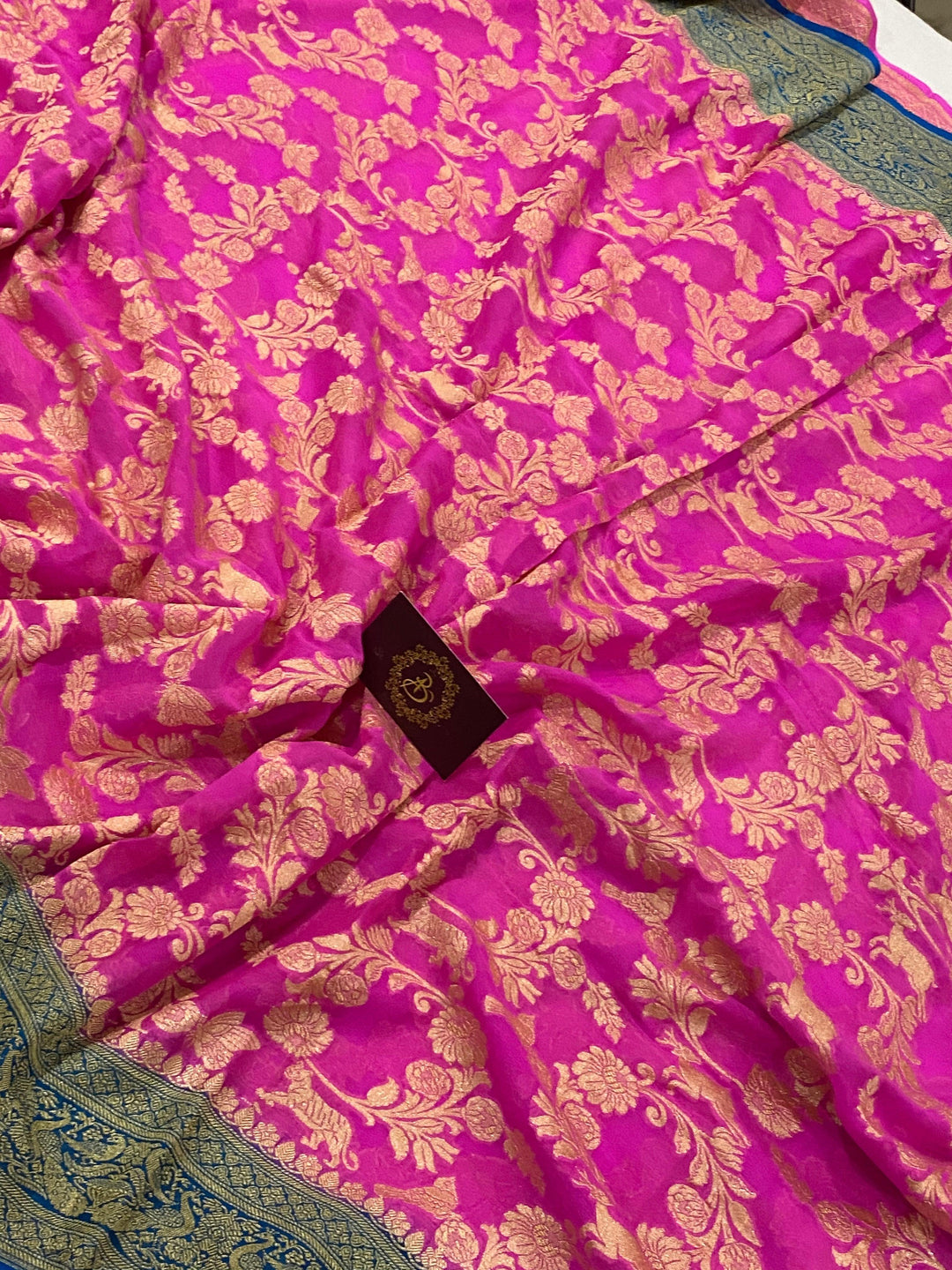 Pink Banarasi Handloom Pure Georgette Silk Saree - Aura Benaras