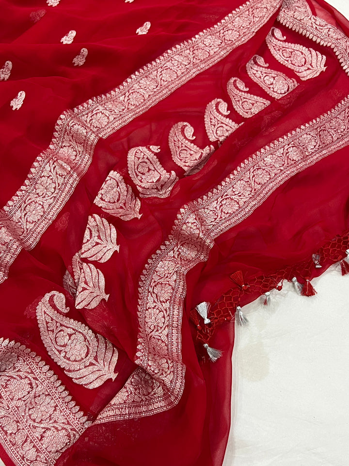 Red Khaddi Chiffon Banarasi Handloom Saree