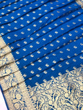 Persian Blue Satin Silk Mayur Buti Banarasi Handloom Saree