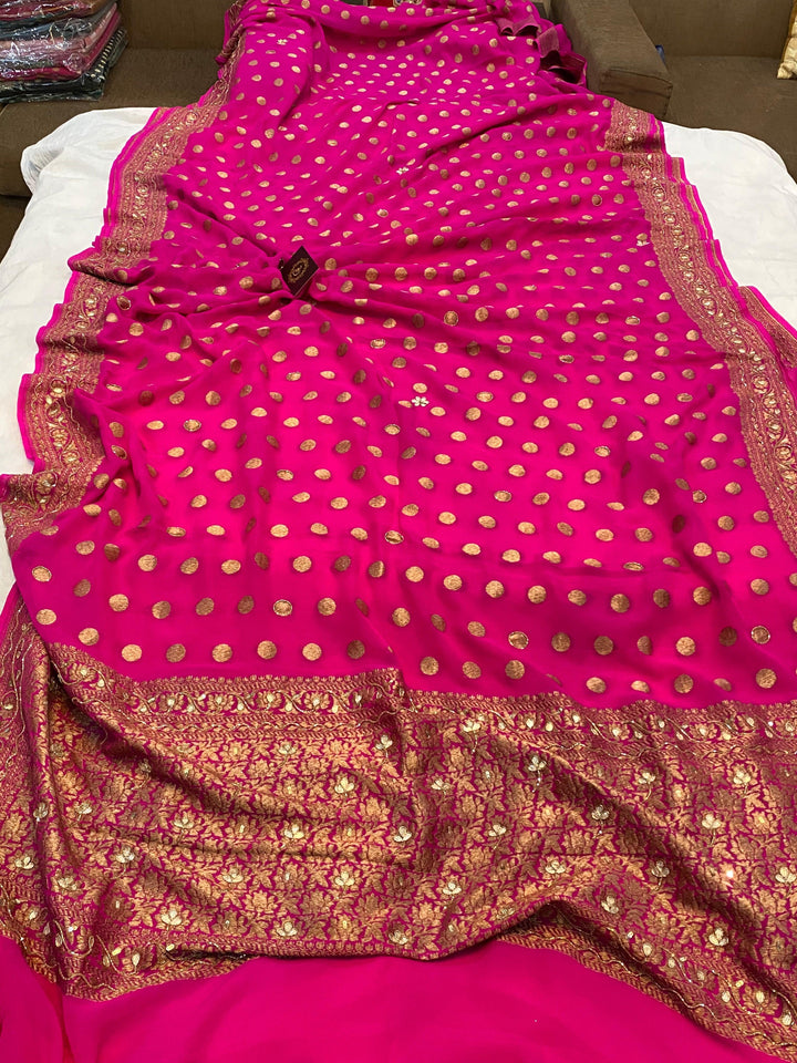 PINK BANARASI HANDLOOM PURE KHADDI GEORGETTE SILK SAREE WITH ZARDOZI WORK - Aura Benaras