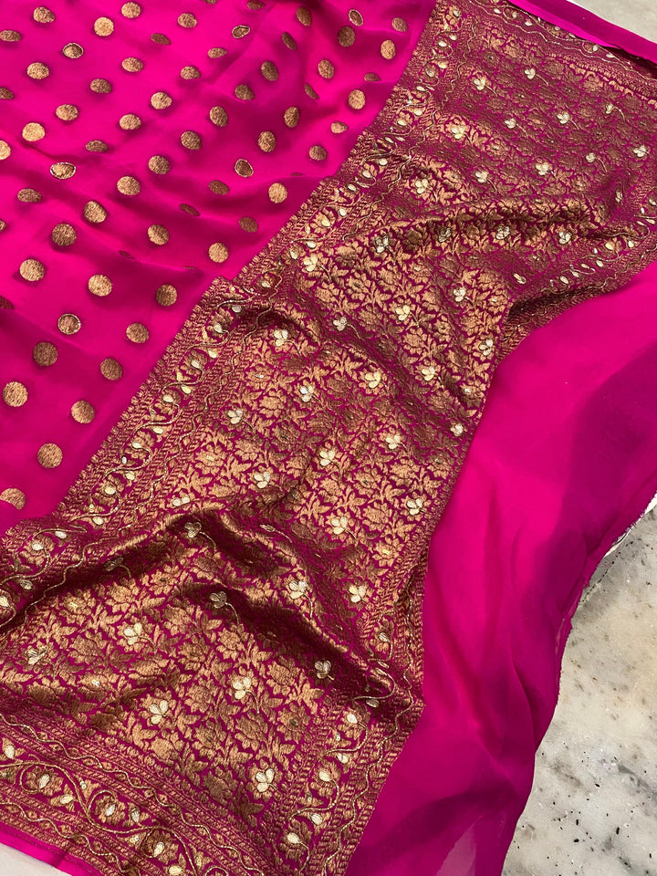 PINK BANARASI HANDLOOM PURE KHADDI GEORGETTE SILK SAREE WITH ZARDOZI WORK - Aura Benaras