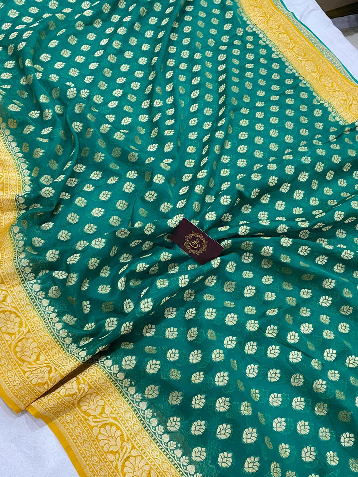 Rama Green Banarasi Handloom Pure Georgette Silk Saree - Aura Benaras
